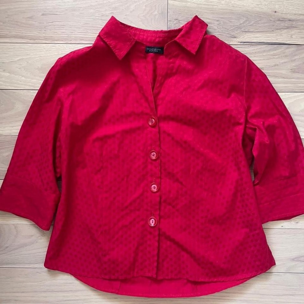 Vintage Y2k Polka Dot Button Up Blouse Womens Sz 12P 3/4 Sleeve Red preppy